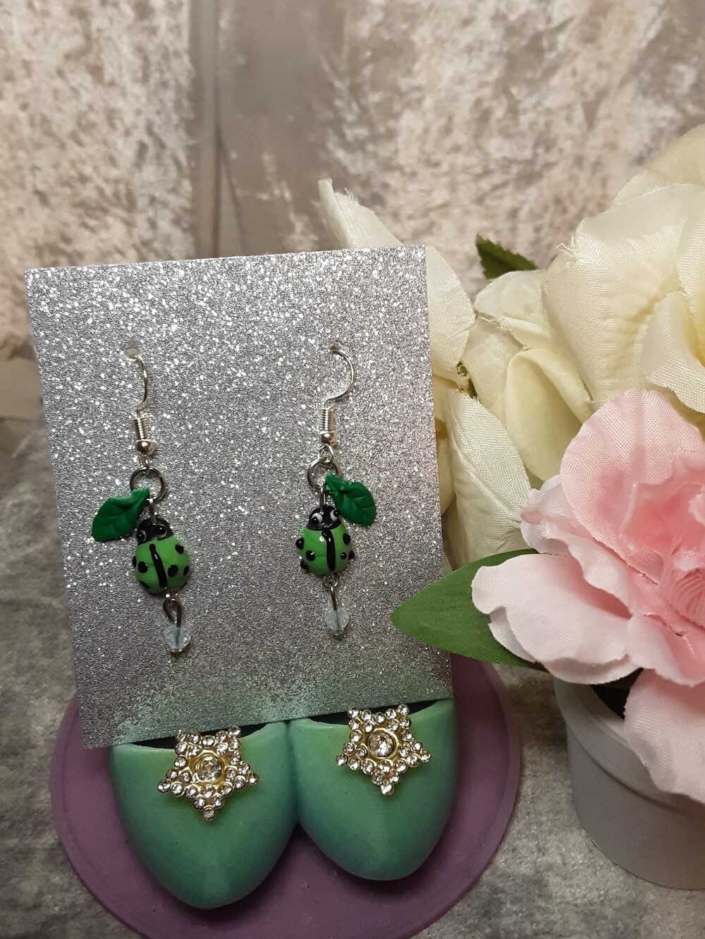 Handcrafted Green Ladybug Dangle Earrings